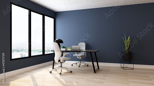 modern business office manager room with 3d design interior for company wall logo mockup