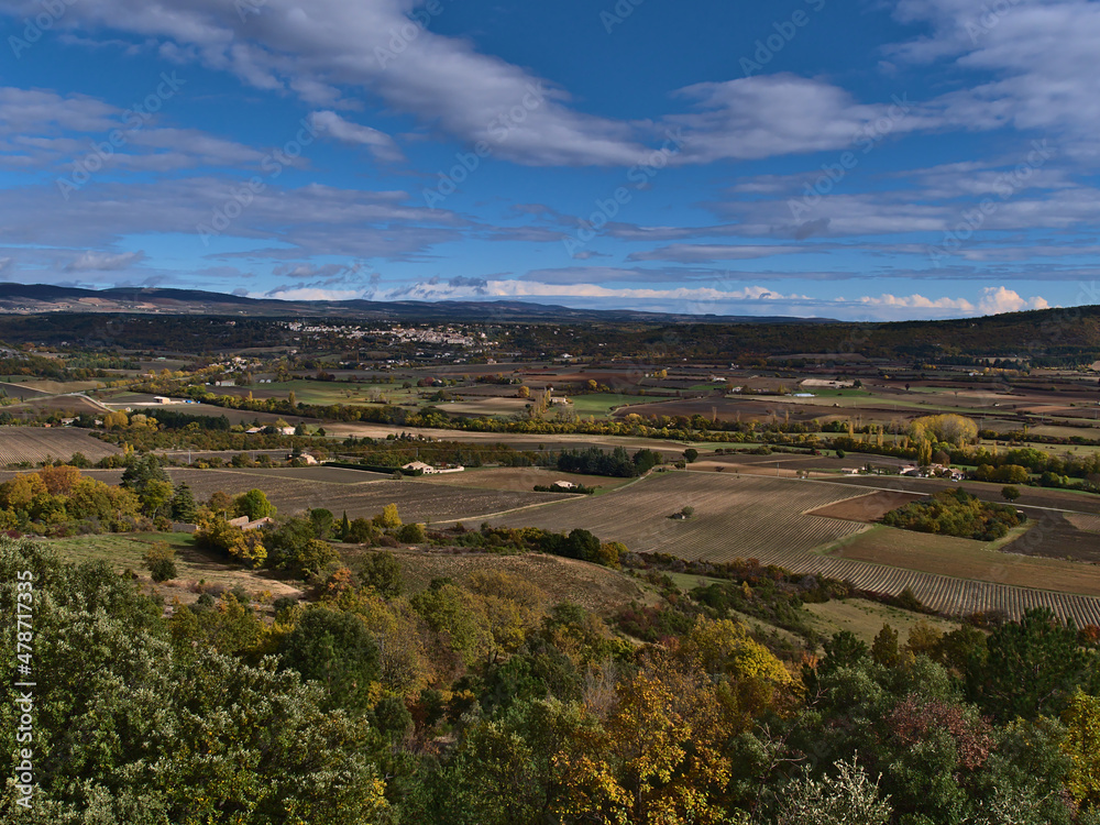 Beautiful panoramic view of the Nesque valley near village Sault in Provence region, France on sunny day in autumn season with lavender fields.