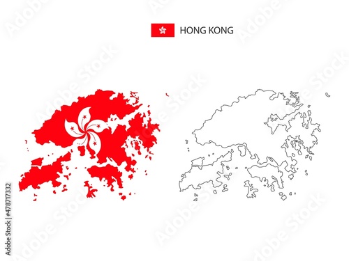 Hong Kong map city vector divided by outline simplicity style. Have 2 versions, black thin line version and color of country flag version. Both map were on the white background.