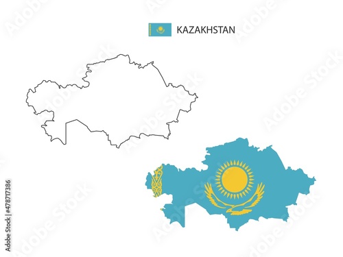 Kazakhstan map city vector divided by outline simplicity style. Have 2 versions, black thin line version and color of country flag version. Both map were on the white background.