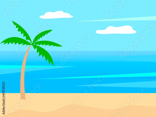 Beach background with palm tree. Greeting card with cartoon design. Vacation concept. Vector stock illustration