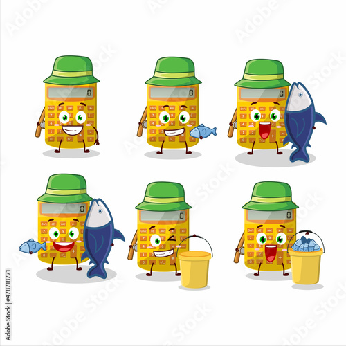A fisherman yellow calculator cartoon picture catch a big fish