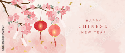 Chinese new year watercolor background vector. Oriental festive art design for place text and product images. Design for sale banner, cover and invitation.