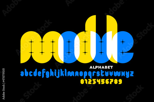 Modular style font, alphabet letters and numbers, vector illustration
