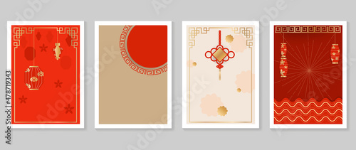 Chinese New Year covers background vectors. Luxury background design with gold Chinese  lantern and oriental decorative element for Asian Lunar New Year holiday cover, poster, ad and sale banner.