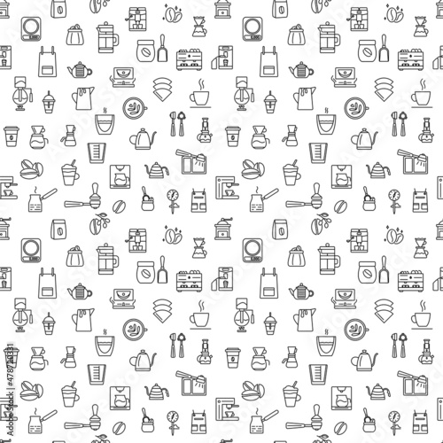 Coffee concept seamless pattern with line icons. Coffee to go and cup. Beans and espresso machine. Vector illustration