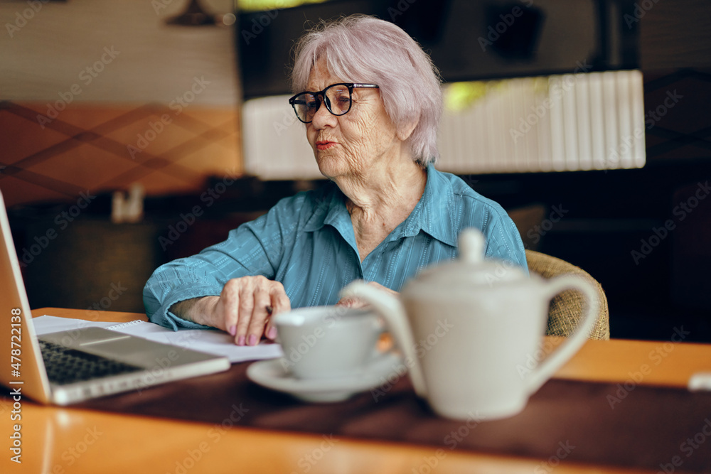 Happy senior woman working in front of laptop monitor sitting Lifestyle unaltered Happy senior woman working in front of laptop monitor sitting Lifestyle unaltered