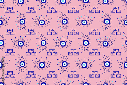Isolated greek amulet evil eye seamless pattern.Turkish eye in a blue for amulet and protection in endless pattern. Vector illustration in a flat style.