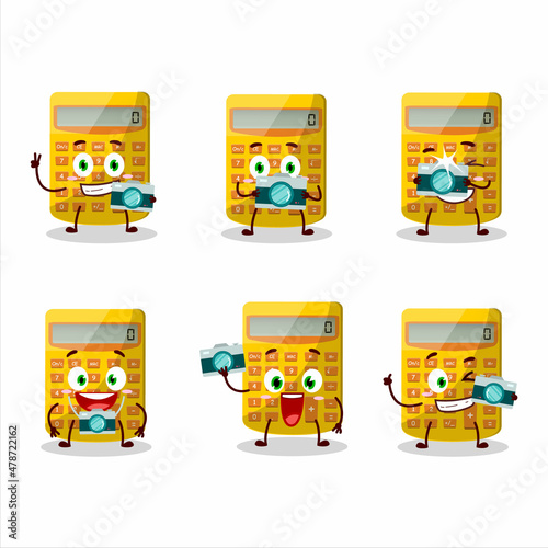 Photographer profession emoticon with yellow calculator cartoon character