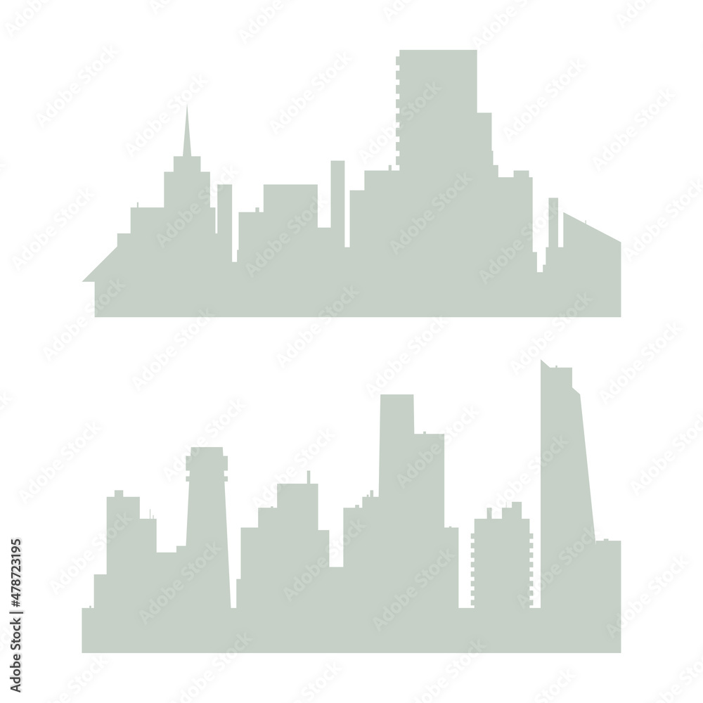 Cartoon city silhouette set. Modern urban landscape. City or town skyline icons in trendy neutral color