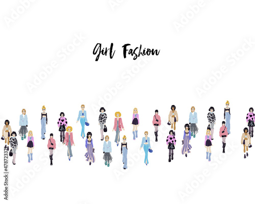 Stylish young women dressed in trendy clothes. Crowd of girls.