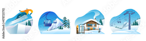 A set of images with ski resorts. An image of a funicular and a chairlift against the background of a mountain winter landscape. Vector illustrations. © Юлия Прыкина