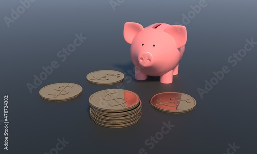 Concept of savings money pig dollar coins on dark background. 3d rendering