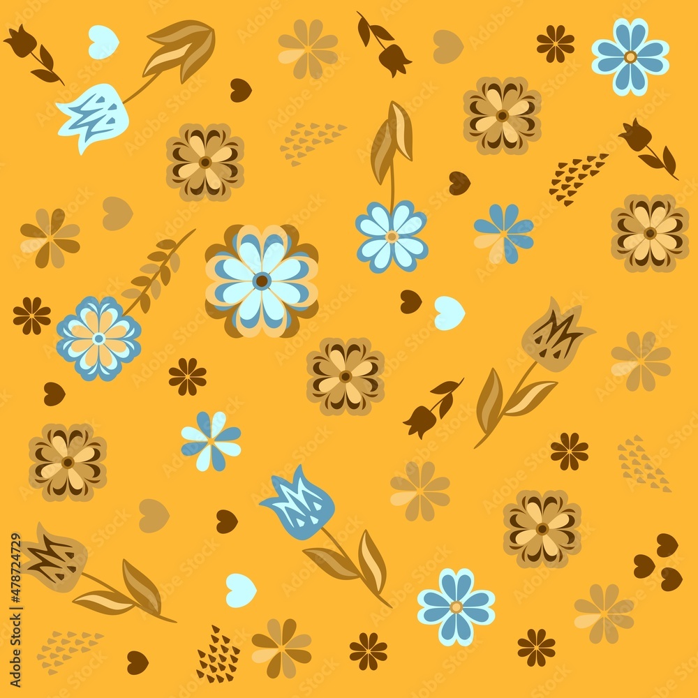 Fototapeta premium Variegated endless natural ornament on ocher background. Drawn flowers, leaves, hearts. Beautiful fashionable print for fabric in retro style.