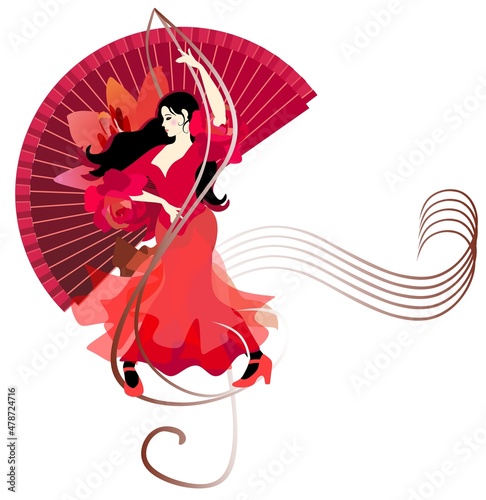 A beautiful Spanish girl in a long dress is dancing flamenco against the backdrop of a large fan. The treble clef and stave decorate the picture.