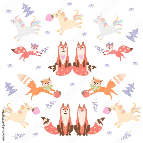 Adult foxes and foxes kids, funny unicorns, little birds, snow-covered fir trees, bells flowers isolated on white background endless pattern. Fun fabric for children.