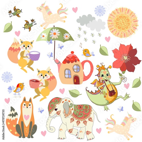 Wonderful print for baby bedding, wallpaper, fabric with funny fairy dinosaur, elephant, unicorns, squirrels, fox, birds, butterflies, sun, clouds and a teapot in the form of a house.