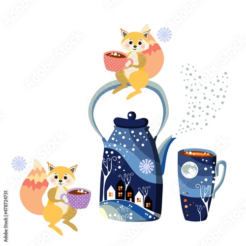 Wonderful print for pillow, napkin, fabric, postcard. Funny squirrels, a large teapot and a cup with a winter landscape depicted on them.