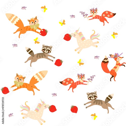 Endless pattern with galloping unicorns, playful foxes and raccoons, fluttering birds of different colors and yellow butterflies isolated on a white background. Fun fabric for a child. © Happy Dragon