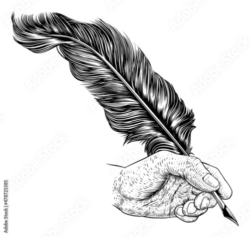 Quill Feather Ink Pen Hand Vintage Woodcut Print