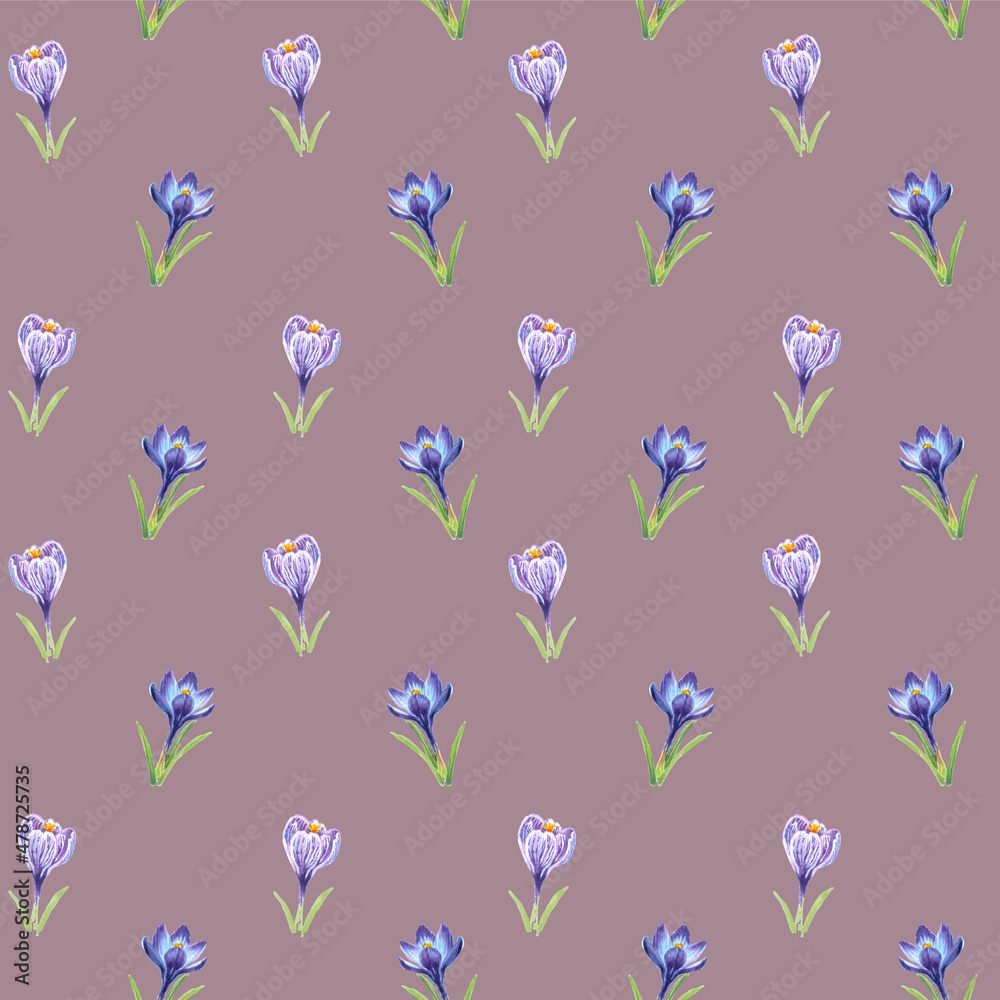 Floral seamless pattern of crocuses drawn by markers on a Elderberry background. For fabric, sketchbook, wallpaper, wrapping paper.