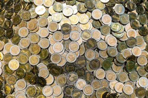 Stack of ten Thai baht coins  money  financial  business concept