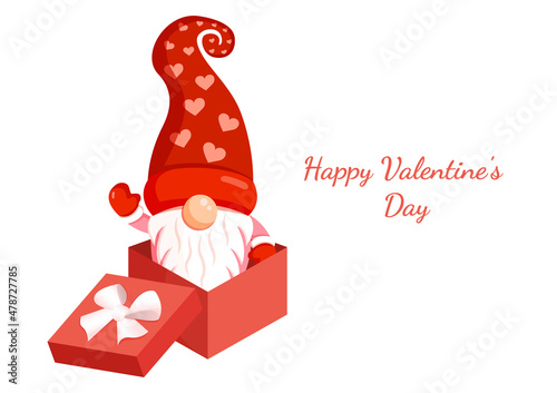 Illustration of a romantic gnome in a gift box for banner, postcard, textiles, decor. Scandinavian nordic gnome, cute elf for valentine's day.