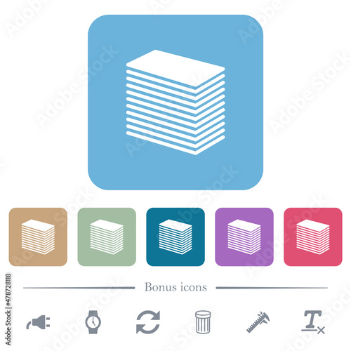 Paper stack solid flat icons on color rounded square backgrounds