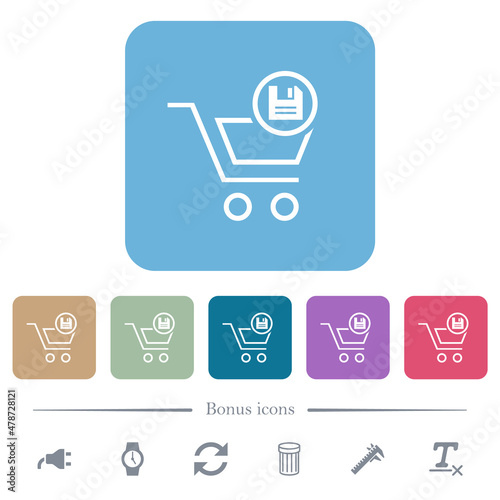 Cart save outline flat icons on color rounded square backgrounds