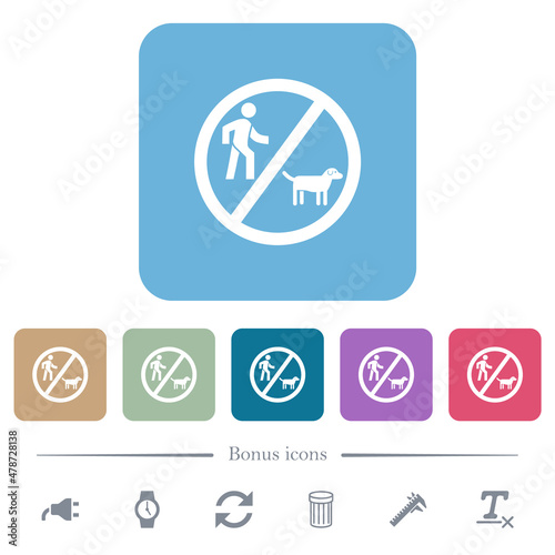 No dog walking flat icons on color rounded square backgrounds