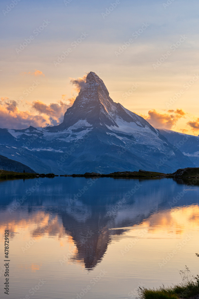 Matterhorn mountain reflection on Stellisee lake at sunset, Zermatt, Switzerland Matterhorn mountain reflection on Stellisee lake at sunset, Zermatt, Switzerland