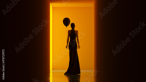 Woman Witchcraft Demon Balloon Long Wrapped Black Dress Orange Corridor with a Polished Floor Creepy Halloween Horror Woman 3d illustration render