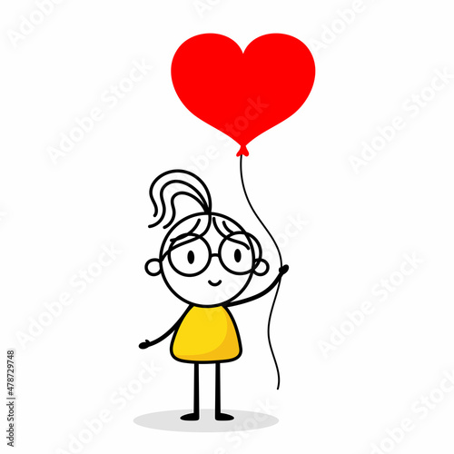 Woman holding red heart balloon isolated on white background. Hand drawn doodle line art female. Concept of love. Vector stock illustration.
