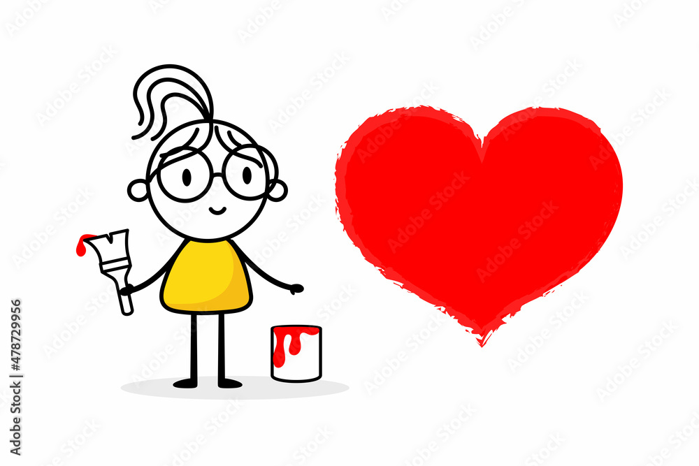 Woman draw red heart isolated on white background. Hand drawn doodle line art female. Concept of love. Vector stock illustration. Woman draw red heart isolated on white background. Hand drawn doodle line art female. Concept of love. Vector stock illustration.