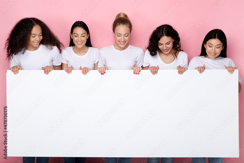 Five Females Showing White Board For Text On Pink Background Five Females Showing White Board For Text On Pink Background