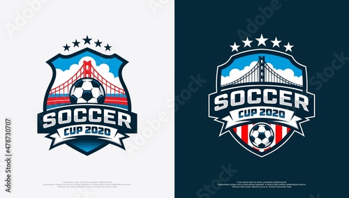 Logo for soccer tournament with soccer ball and bridge