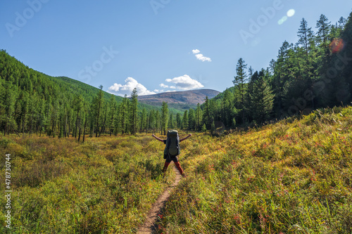 Happy hiking on the ecotrope. Solo hiking in the picturesque autumn mountain forest. Heavy climb in the mountains with a big backpack. Travel lifestyle, hiking hard track, adventure concept in holiday