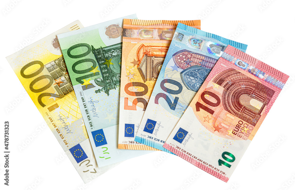 Various banknotes of Euro currency on white background Various banknotes of Euro currency on white background
