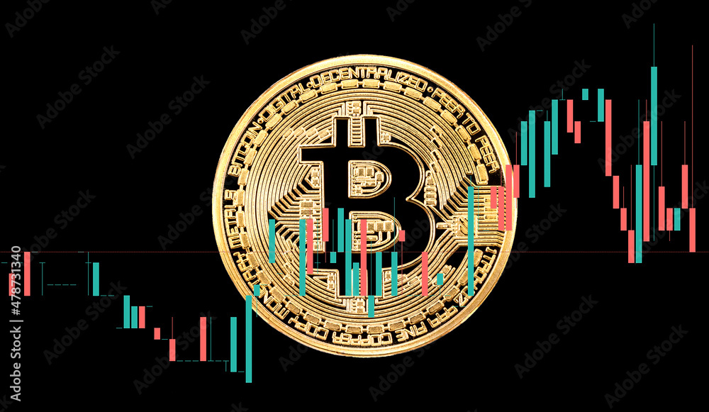 Graph rate chart Bitcoin digital money against the black background ...