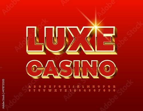 Vector chic Sign Luxe Casino.   Unique Red and Golden Font. Rich Alphabet Letters and Number.