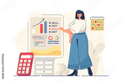 Fototapeta Naklejka Na Ścianę i Meble -  Planning financial budget concept for web banner. Woman analyzes financial statistics and creates invest strategy modern person scene. Illustration in flat cartoon design with people characters