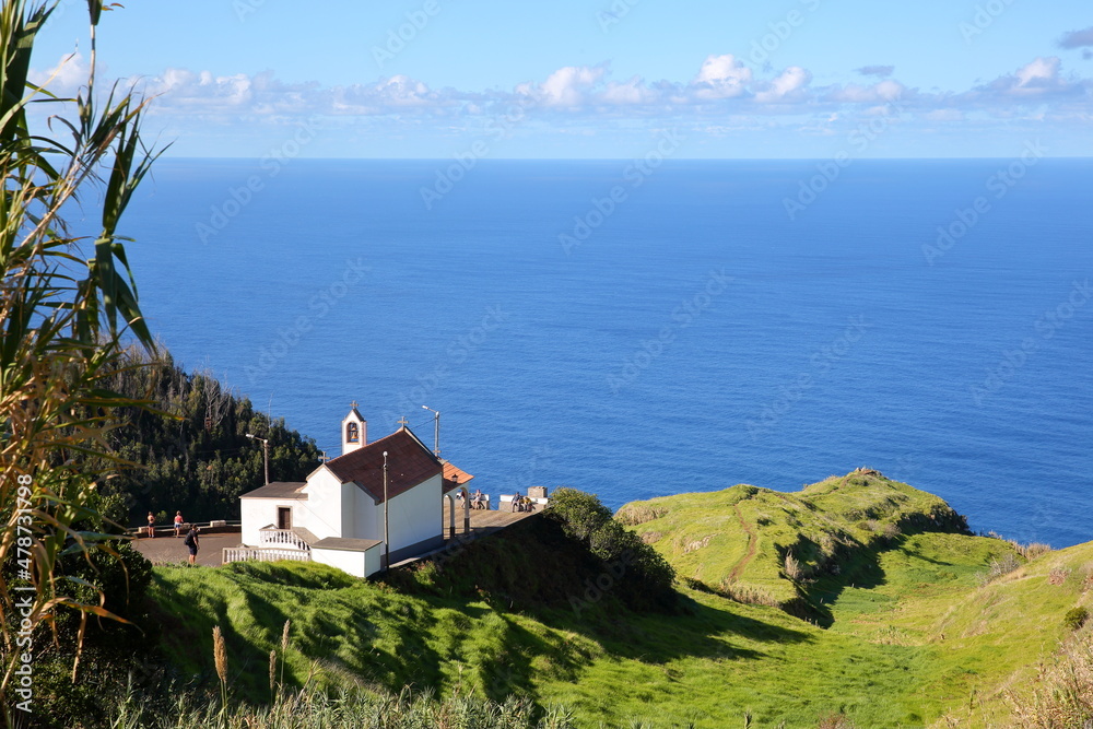 The chapel of Nossa Senhora de Fatima, located at the top of a green hill near Sao Vicente in the North of Madeira Island, Portugal