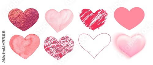 Set of pink hearts in different styles. Valentine's day design elements. Watercolor, scribble, doodle, 3d heart.
