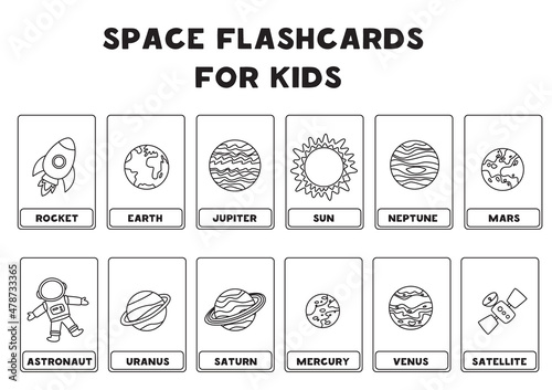 Space flashcards for kids. Vector illustrations of solar system planets with their names.