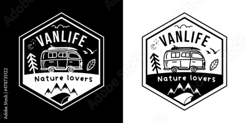 Vanlife, nature lovers - logo, label, sticker - black and white.