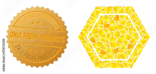 Golden combination of yellow for honeycomb cell icon, and golden metallic Only Fresh Products stamp seal. Honeycomb cell icon mosaic is made of random golden elements.