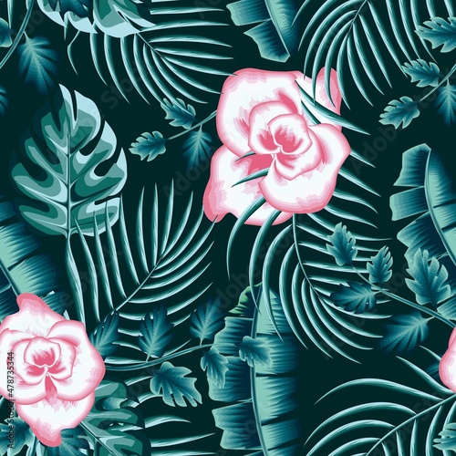 Tropical jungle illustration seamless flower pattern with tropical monstra palm leaves plants and banana foliage. fashionable texture design. Floral background. Exotic tropics. Summer themed design