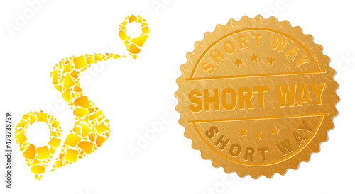Golden mosaic of yellow fractions for route markers icon, and gold metallic Short Way badge. Route markers icon collage is constructed of randomized golden spots.