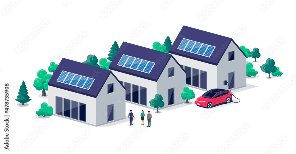 Renewable sustainable village buildings with photovoltaic solar panels roof power energy. Electric car charging in front of home from wallbox. Family houses on urban city street. Isolated vector. - obrazy, fototapety, plakaty 