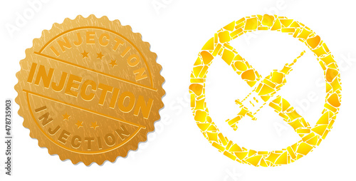 Golden composition of yellow items for stop vaccine icon, and golden metallic Injection watermark. Stop vaccine icon composition is composed from randomized golden items.
